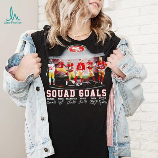 San Francisco 49ers football squad goals Samuel Aiyuk McCaffrey Purdy Bosa Kittle signatures shirt