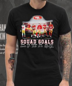 San Francisco 49ers football squad goals Samuel Aiyuk McCaffrey Purdy Bosa Kittle signatures shirt
