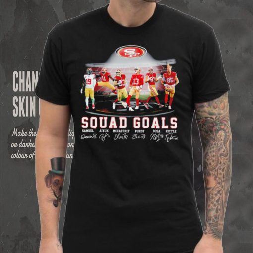 San Francisco 49ers football squad goals Samuel Aiyuk McCaffrey Purdy Bosa Kittle signatures shirt