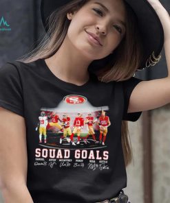 San Francisco 49ers football squad goals Samuel Aiyuk McCaffrey Purdy Bosa Kittle signatures shirt