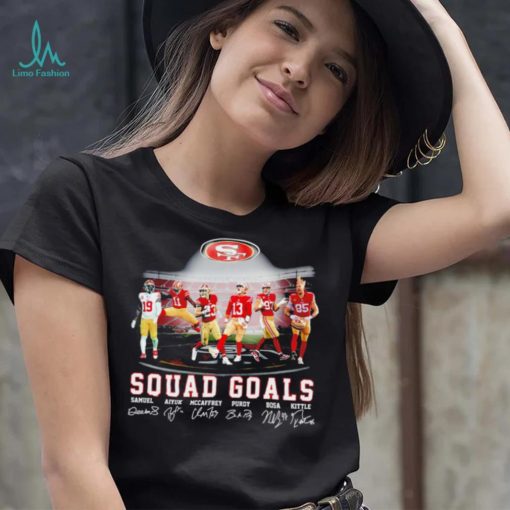 San Francisco 49ers football squad goals Samuel Aiyuk McCaffrey Purdy Bosa Kittle signatures shirt