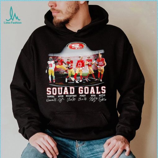 San Francisco 49ers football squad goals Samuel Aiyuk McCaffrey Purdy Bosa Kittle signatures shirt