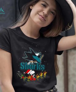 San Jose Sharks NHL Santa Snoopy and Woodstock Christmas T Shirt, hoodie, sweater, long sleeve and tank top San Jose Sharks NHL Santa Snoopy and Woodstock Christmas T Shirt