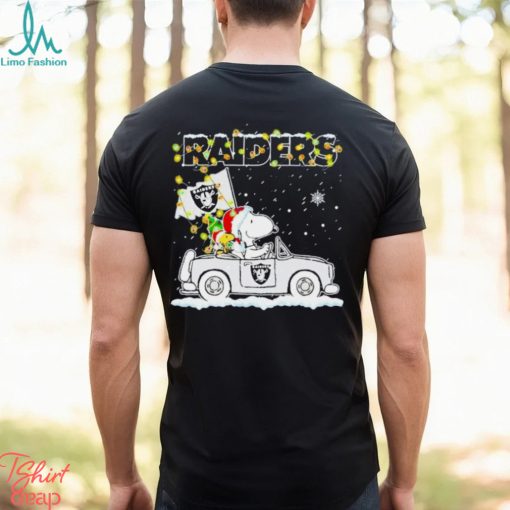 Santa Snoopy and Woodstock driving car Las Vegas Raiders winter Christmas shirt