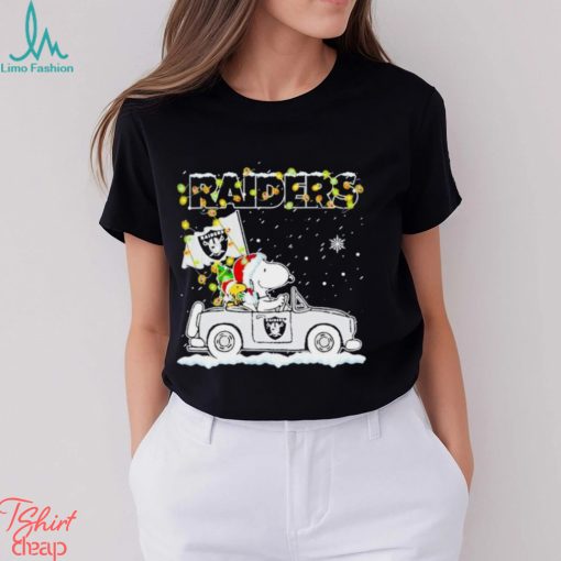 Santa Snoopy and Woodstock driving car Las Vegas Raiders winter Christmas shirt