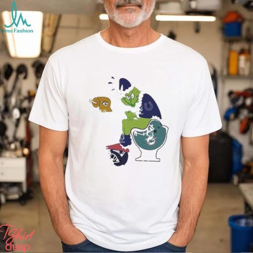 Santa grinch Indianapolis colts shit on miamI dolphins toilet and england Patriots helmet Christmas shirt