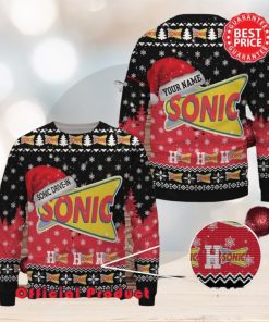 Sonic Drive In Logo Santa Hat Pine Tree Snowflake Custom Name Ugly Christmas Sweater