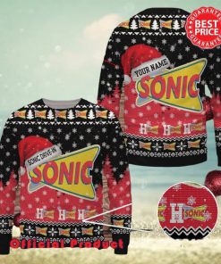 Sonic Drive In Logo Santa Hat Pine Tree Snowflake Custom Name Ugly Christmas Sweater