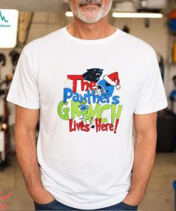 The Carolina Panthers football Grinch lives here Merry Christmas shirt