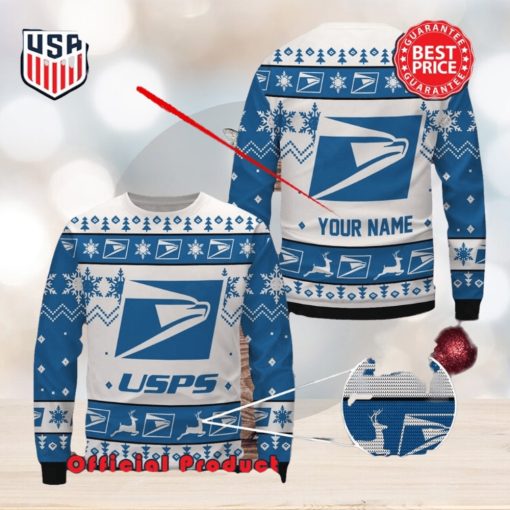 Usps Custom Name White Design Logo Snowflake Ugly Christmas Sweater