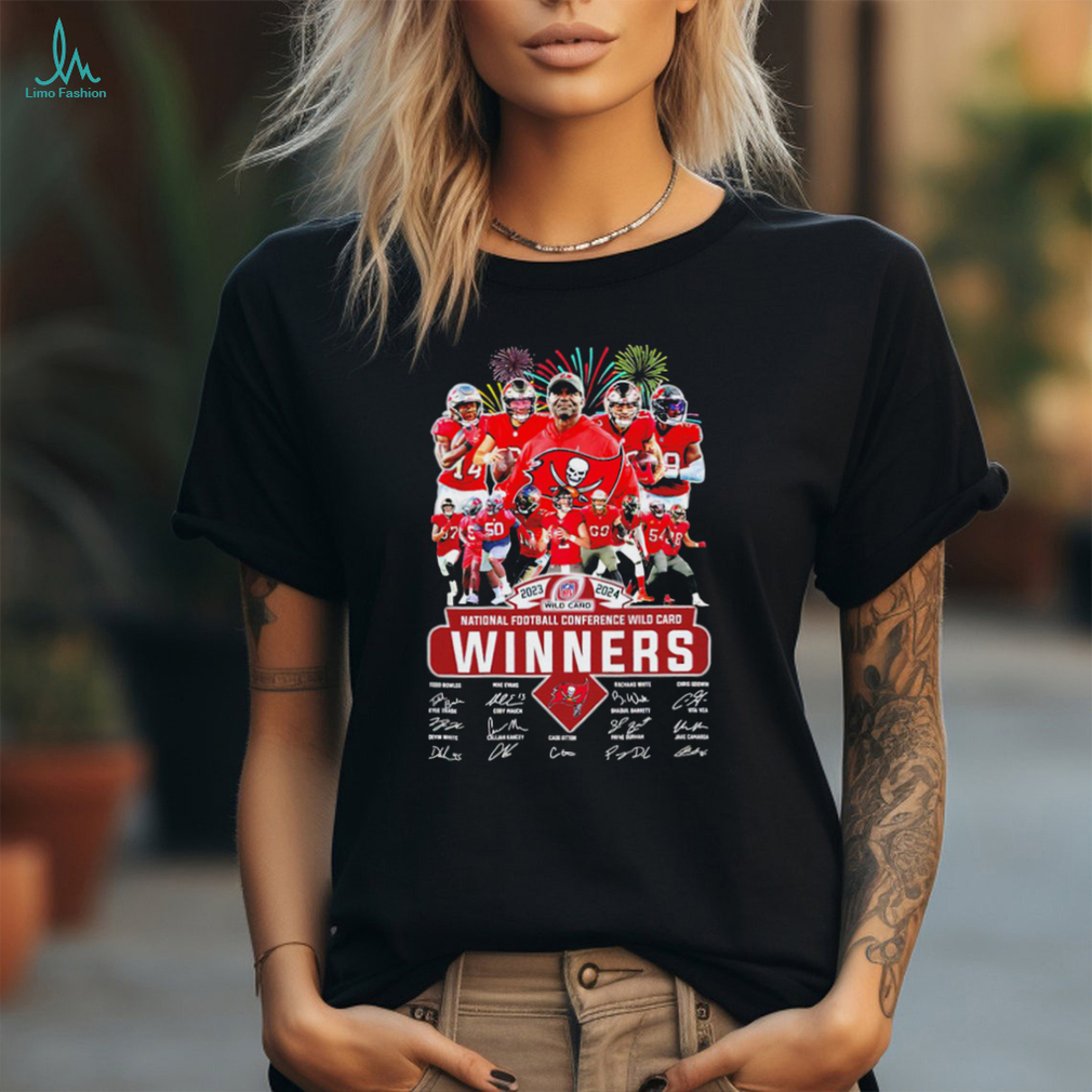 2023 2024 National football conference Wild Card Winners Tampa Bay Buccaneers player signatures logo firework shirt 2023 2024 National football conference Wild Card Winners Tampa Bay Buccaneers player signatures logo firework shirt