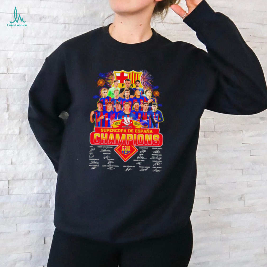 2023–2024 Supercopa de España Champions FC Barcelona player signatures logo firework shirt 2023–2024 Supercopa de España Champions FC Barcelona player signatures logo firework shirt