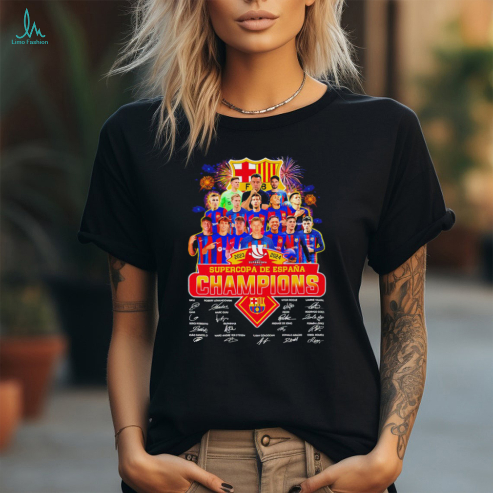 2023–2024 Supercopa de España Champions FC Barcelona player signatures logo firework shirt 2023–2024 Supercopa de España Champions FC Barcelona player signatures logo firework shirt