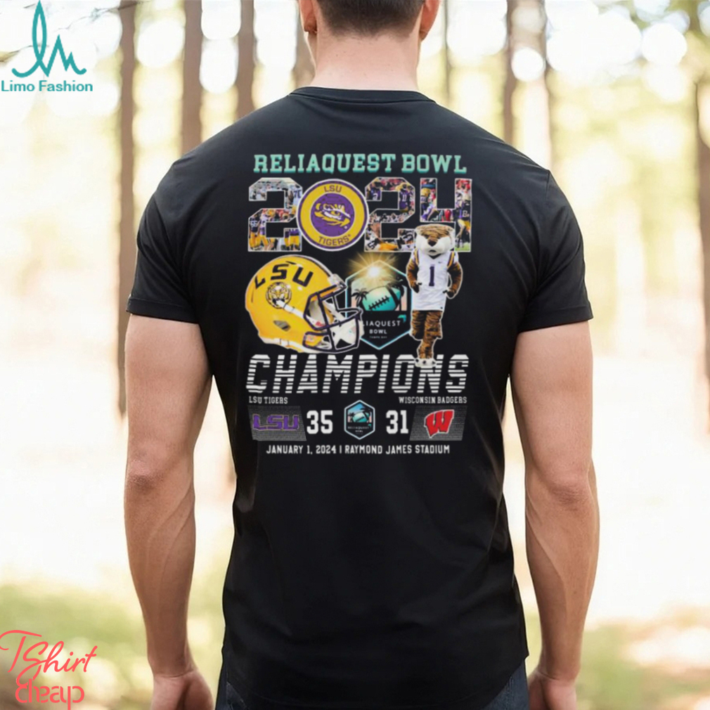 Awesome mascots lsu tigers and wisconsin badgers reliaquest bowl 2024 champions helmet shirt Awesome mascots lsu tigers and wisconsin badgers reliaquest bowl 2024 champions helmet shirt