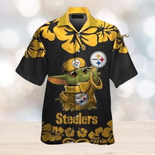 Baby Yoda Button Up Pittsburg Steelers Tropical Hawaiian Shirt