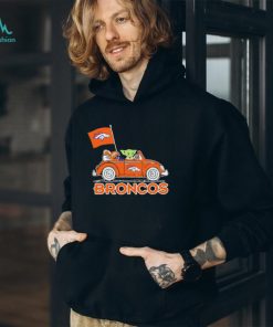 Baby Yoda drive a car Denver Broncos football flag logo shirt