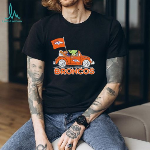Baby Yoda drive a car Denver Broncos football flag logo shirt