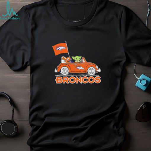 Baby Yoda drive a car Denver Broncos football flag logo shirt