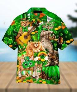 Cats Saint Patricks Day Clover Pattern Green Hawaiian Shirt Aloha For Men And Women