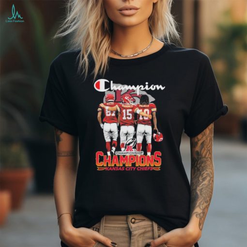 Champions Travis Kelce Patrick Mahomes and Pacheco Kansas City Chiefs signatures shirt