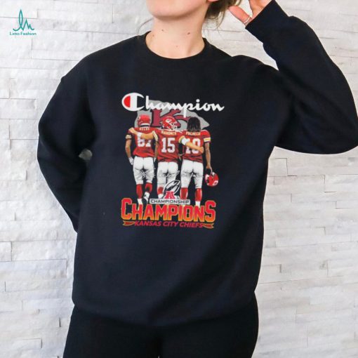 Champions Travis Kelce Patrick Mahomes and Pacheco Kansas City Chiefs signatures shirt