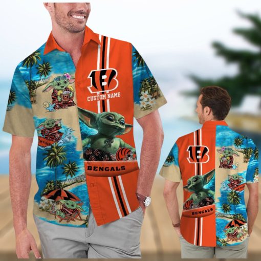 Cincinnati Bengals Baby Yoda Name Personalized Short Sleeve Button Up Tropical Hawaiian Shirt