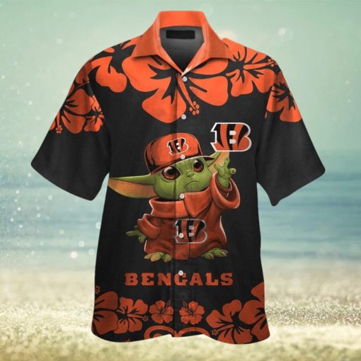 Cincinnati Bengals Baby Yoda Short Sleeve Button Up Tropical Hawaiian Shirt