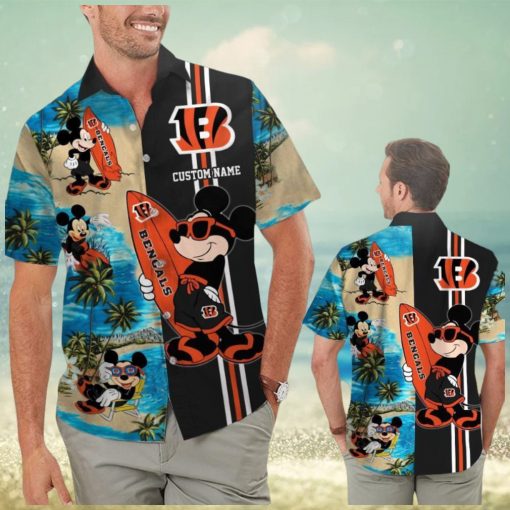 Cincinnati Bengals Mickey Name Personalized Short Sleeve Button Up Tropical Hawaiian Shirt