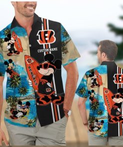 Cincinnati Bengals Mickey Name Personalized Short Sleeve Button Up Tropical Hawaiian Shirt