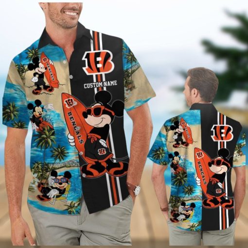 Cincinnati Bengals Mickey Name Personalized Short Sleeve Button Up Tropical Hawaiian Shirt