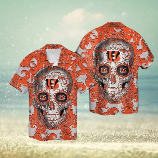 Cincinnati Bengals Sugarskull Short Sleeve Button Up Tropical Hawaiian Shirt