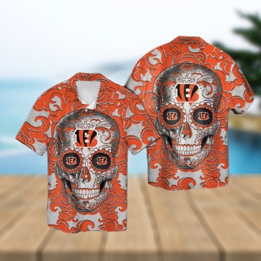 Cincinnati Bengals Sugarskull Short Sleeve Button Up Tropical Hawaiian Shirt