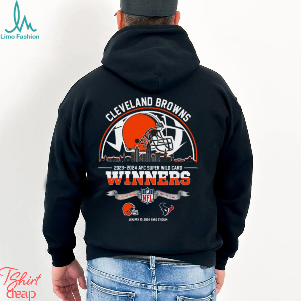 Cleveland Browns 2023 2024 AFC Super Wild Card Winners Skyline NFL Playoffs Divisional January 13 2024 At NRG Stadium Unisex T Shirt Cleveland Browns 2023 2024 AFC Super Wild Card Winners Skyline NFL Playoffs Divisional January 13 2024 At NRG Stadium Unisex T Shirt