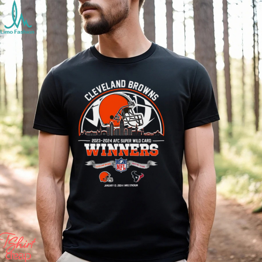 Cleveland Browns 2023 2024 AFC Super Wild Card Winners Skyline NFL Playoffs Divisional January 13 2024 At NRG Stadium Unisex T Shirt Cleveland Browns 2023 2024 AFC Super Wild Card Winners Skyline NFL Playoffs Divisional January 13 2024 At NRG Stadium Unisex T Shirt