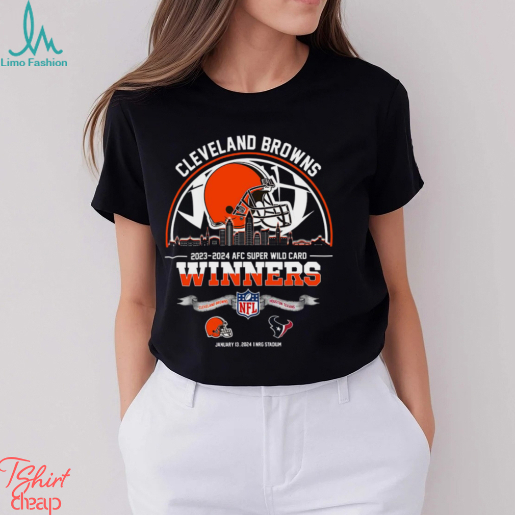 Cleveland Browns 2023 2024 AFC Super Wild Card Winners Skyline NFL Playoffs Divisional January 13 2024 At NRG Stadium Unisex T Shirt Cleveland Browns 2023 2024 AFC Super Wild Card Winners Skyline NFL Playoffs Divisional January 13 2024 At NRG Stadium Unisex T Shirt