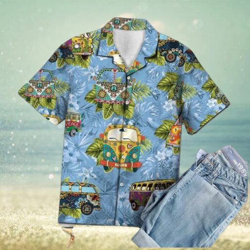 Deluxe Tropical Hippie Bus Mix Blue Theme Hawaiian Shirt