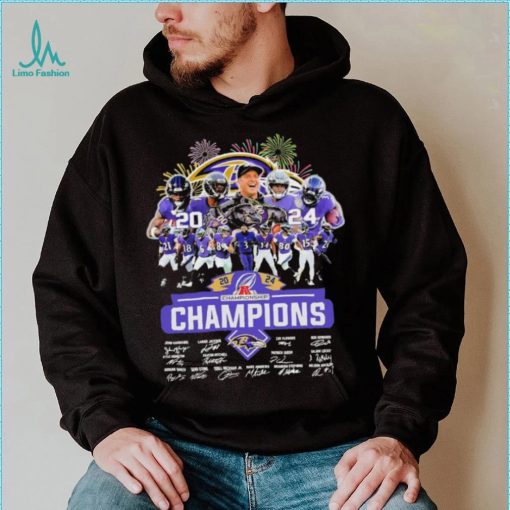 Design 2024 Baltimore Ravens 2024 Champions Team Name Player Mascot Signatures tee shirt