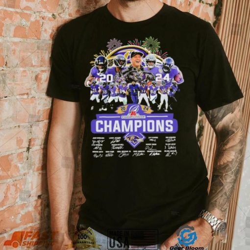 Design 2024 Baltimore Ravens 2024 Champions Team Name Player Mascot Signatures tee shirt