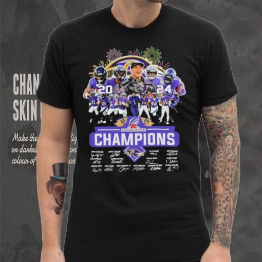 Design 2024 Baltimore Ravens 2024 Champions Team Name Player Mascot Signatures tee shirt