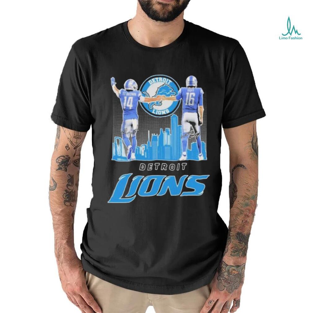 Detroit Lions Skyline Amon ra St. Brown And Jared Goff Signatures Shirt Detroit Lions Skyline Amon ra St. Brown And Jared Goff Signatures Shirt
