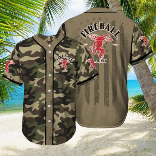Fireball Cinnamon Whisky Camouflage Green Brown Baseball Jersey