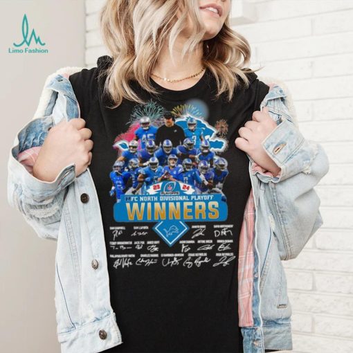 Fireworks Detroit Lions 23 24 NFC North Divisional Playoff winners signatures shirt