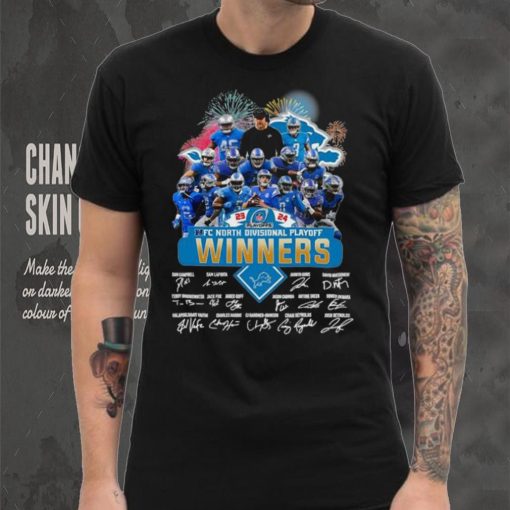 Fireworks Detroit Lions 23 24 NFC North Divisional Playoff winners signatures shirt