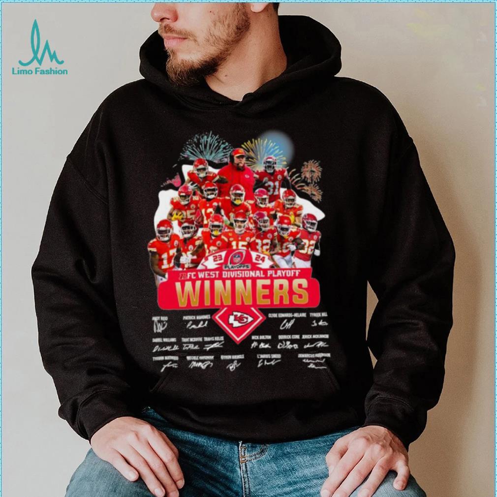 Fireworks Kansas City Chiefs 23 24 AFC West Divisional Playoff winners signatures shirt Fireworks Kansas City Chiefs 23 24 AFC West Divisional Playoff winners signatures shirt