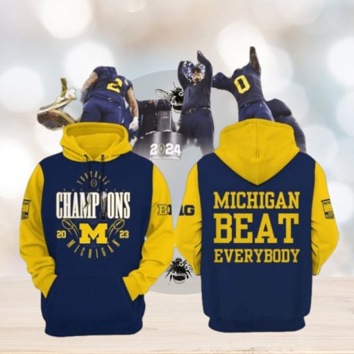 Football National Champions Michigan Beat Everybody 2023 Blue Yellow Design 3D Hoodie