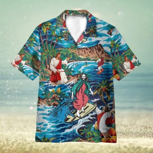 Funny Jesus Surfing On Island 3D Hawaiian Shirt Summer Vaction Gift