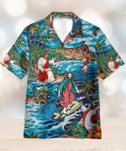 Funny Jesus Surfing On Island 3D Hawaiian Shirt Summer Vaction Gift