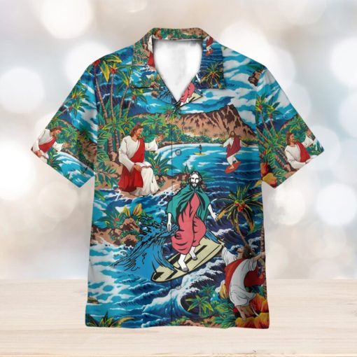 Funny Jesus Surfing On Island 3D Hawaiian Shirt Summer Vaction Gift