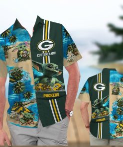 Green Bay Packers Baby Yoda Name Personalized Short Sleeve Button Up Tropical Hawaiian Shirt