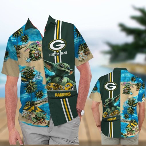 Green Bay Packers Baby Yoda Name Personalized Short Sleeve Button Up Tropical Hawaiian Shirt